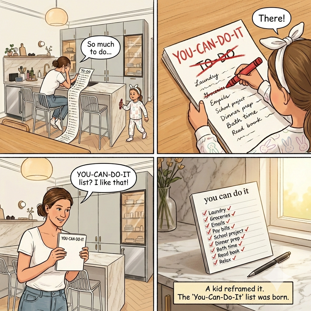 A comic strip showing a 7-year-old crossing out 'to do' on a list and writing 'you can do it'